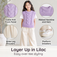 Gilet pull sans manches en tricot torsadé lilas pour petites filles, avec ourlet côtelé, idéal pour l'automne et les superpositions