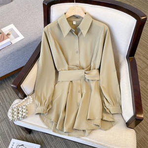 Blus Wanita Musim Semi 2025, Lengan Panjang, Kancing, Tali Pinggang, Warna Solid, Gaya Prancis, Kerah Turun - Product Image 3