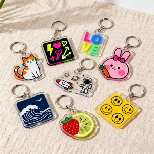 Custom Acrylic Keychain Set Unique Plastic Crafts Decor Gifts Featuring Cat Love Hearts Astronaut Rocket Ocean Waves Fruit Slice