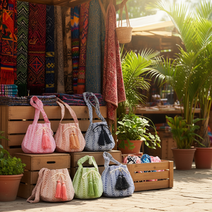 Borsa a secchiello etnica geometrica BOLSOS 21x24cm con coulisse e nappe, borsa a tracolla - Product Image 3