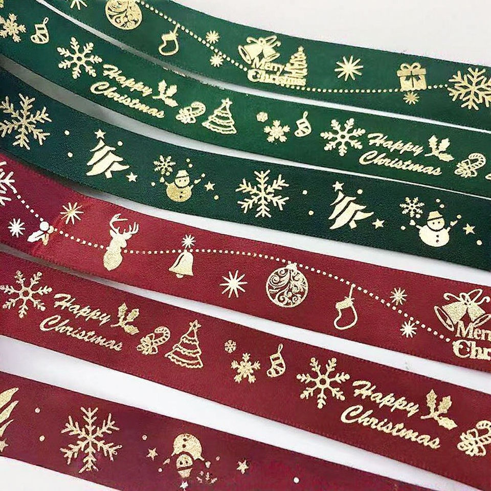 Christmas Ribbon Custom Pattern Gold Foil Printed Polyester Satin Roll ...