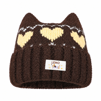 Bonnet tricoté personnalisé automne-hiver avec oreilles de chat Kawaii, motif jacquard cœur, bord côtelé duveteux, pour femmes et filles, style streetwear quotidien