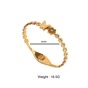 PVD 18K Gold Plated Titanium Stainless Steel Butterfly & Flower <b>Bangle</b> <b>Bracelet</b> with Spring Loaded Clasp for Women - Product Image 6