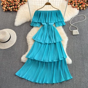 Vendita calda a buon mercato nuovo elegante vestito da donna dolce con gonna a spalla in tinta unita con volant abito lungo da spiaggia per le vacanze - Product Image 1