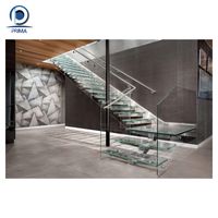 Escalier droit en bois de teck rétro chic avec garde-corps renforcé en aluminium/verre, escalier intérieur sûr pour la maison