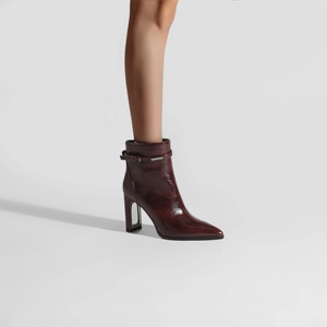 <span class=keywords><strong>Bottines</strong></span> à talon épais et bout pointu pour femmes, chaussures en <span class=keywords><strong>cuir</strong></span> froissé avec sangle à boucle pour le bureau et les soirées - Product Image 6