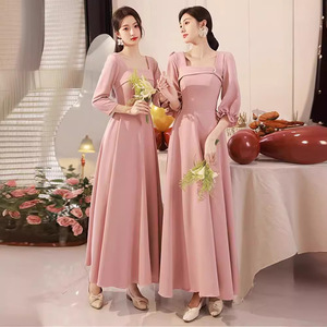 S0209Y 2026 Nuovo Abito Estivo da Donna in <span class=keywords><strong>Raso</strong></span> Rosa a <span class=keywords><strong>Maniche</strong></span> <span class=keywords><strong>Lunghe</strong></span>, Semplice, per Studentesse, Sottile, per Esibizioni Corali, Abito da Damigella d'Onore - Product Image 6