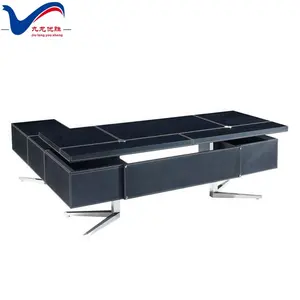 电脑桌设计l形办公桌中密度纤维板木质办公桌，带侧柜黑色皮革导演办公桌