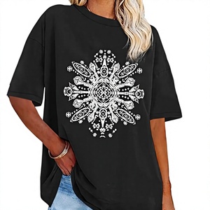 <b>Women's</b> Black Crew Neck <b>Short</b> <b>Sleeve</b> T-<b>Shirt</b> With <b>White</b> Mandala Print Loose Fit Casual Spring Summer Cotton Jersey Top - Product Image 1