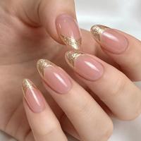 Faux ongles à presser en amande, rose gelée, avec feuille d'or, French manucure brillante, vente en gros, étiquette privée personnalisée