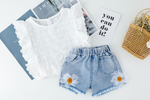 Conjunto de Ropa Casual de Verano para Niñas, Camiseta de Algodón con Mangas de Pétalo + Pantalones Cortos, Conjunto de 2 Piezas, Ropa para Niños - Product Image 2