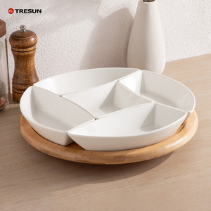 Plateau de service en bambou de qualité supérieure, plateau de service rotatif (Lazy <span class=keywords><strong>Susan</strong></span>) avec 5 compartiments amovibles, ensemble de service pour chips et sauce - Product Image 5