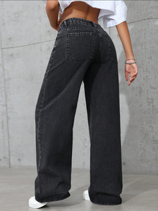 <span class=keywords><strong>Pantalon</strong></span> en jean ample à jambes larges pour femmes, noir et gris, élégant, respirant, lavable, denim, taille mi-haute, décontracté, simple, coupe ample, été, trou - Product Image 2