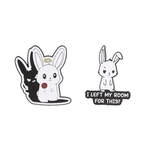 Broche en émail de dessin animé Lapin Double Personnalité Ange-Démon, motif 'J'ai quitté ma chambre pour ça', mignon lapin anime en colère, bijou de revers - Product Image 1