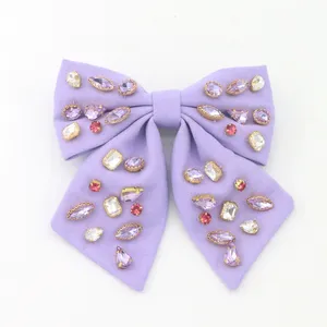 Vintage Bow Denim Fabric With Colored Crystals Pearl French Spring Hair Accessories For Girls