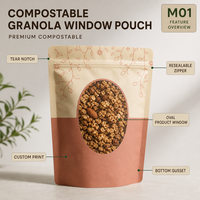 Sachet Doypack Personnalisé Compostable pour Granola et Noix, Sachet Doypack Personnalisé pour Emballage de Noix et Graines avec Fenêtre, Fournisseur OEM