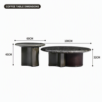 Ensemble de tables basses modernes de luxe en pierre naturelle verte, placage de bois fumé, tables rondes gigognes, base en acier inoxydable miroir