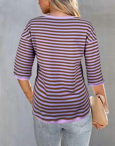 T-shirt décontracté à manches 3/4 pour femmes, plusieurs couleurs, col rond, chemisier uni rayé, doux et confortable, pour un usage quotidien - Product Image 5