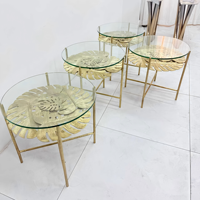 Ensemble de tables basses de luxe en verre feuille avec base en laiton cuivré, tables d'appoint rondes contemporaines pour salon et hôtel