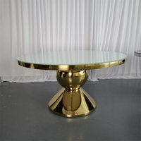 Table de banquet de luxe en acier inoxydable doré avec piétement, plateau rond ou rectangulaire en verre MDF ou miroir, pour événements et mariages