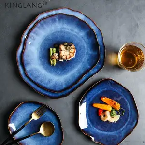 도매 불규칙한 스타일 레스토랑 가정용 식기 식기 고양이 눈 블루 도자기 세라믹 접시 접시