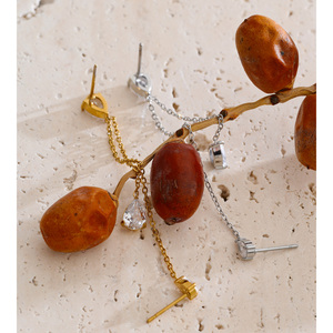 Boucles d'oreilles pendantes JINYOU 5688 de luxe en acier inoxydable plaqué or avec double chaîne à maillons et zircone cubique taille poire - Product Image 5