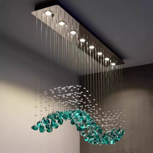 โคมไฟระย้าคริสตัลรูปคลื่นสีเขียวธรรมชาติ ไฟ LED สำหรับตกแต่งภายในร้านอาหาร งานแต่งงาน บ้านพักตากอากาศ ปรับความสูงได้ - Product Image 1