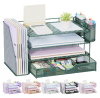 Organizador de Archivos de Escritorio de 4 Niveles con Cajón y 2 Portaplumas, Accesorios de Oficina, Organizador de Archivos, Organizador de Espacio de Trabajo, Gris