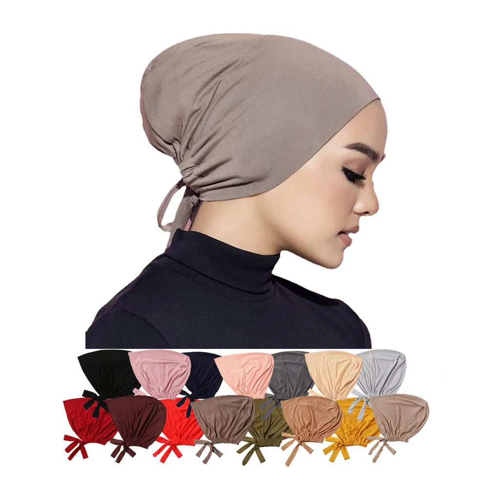 Topi Dalaman Sifon Katun Elastis Wanita, Topi Dalaman Kerudung Ikat Belakang Warna Polos untuk Wanita