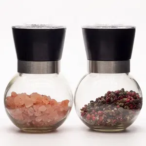 Kitchen plastic grinder lid Adjustable plastic salt mill and pepper grinder with spherical glass spice bottle