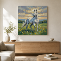 Peinture à l'huile sur toile de coton et lin, peinte à la main, 50x50cm, Cheval blanc au coucher du soleil sur prairie, texture épaisse, art mural pour la décoration de la maison