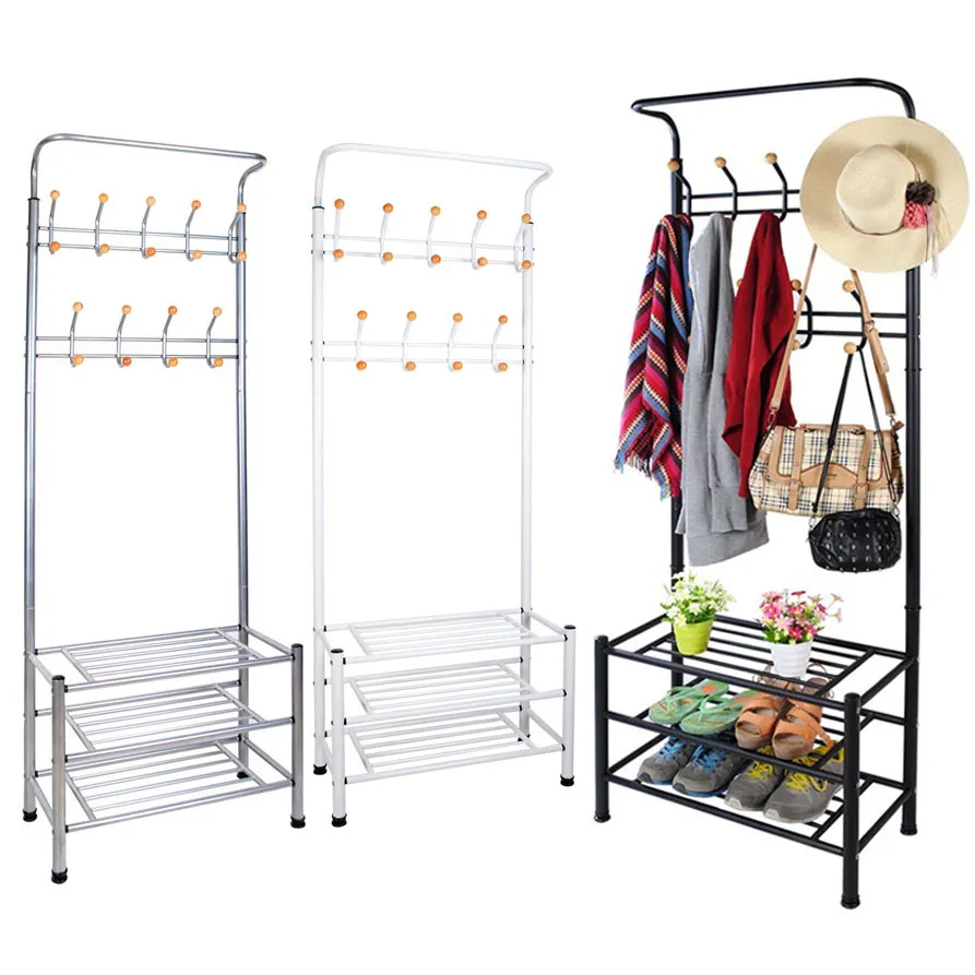 Multifunctionele Staal Jas Kleding Stand 3-Tier Schoenen Rek Met Hanger Haken