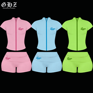 Bahar Kadın Giysileri Özel Sokak Giyim Tarzı Antrenman Takımları Fermuarlı Kısa Kollu Ceket ve Şort Eşofman Kadınlar İçin 2 Parça Şort Takımı - Product Image 1