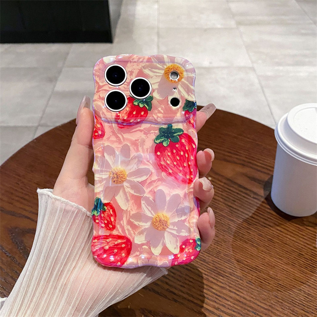 Wave IMD Laser Strawberry Cherry Mobile Phone Case for iPhone 17 Air 16 Pro Max Ripple Flower Rainbow Tpu Ins Fruit Back Cover