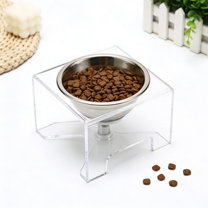 حامل طعام للحيوانات الأليفة عالي الشفافية وصديق للبيئة مصنوع من البولي ستايرين مع وعاءين وارتفاع قابل للتعديل بتصميم كلاسيكي مناسب للقطط والكلاب - Product Image 2