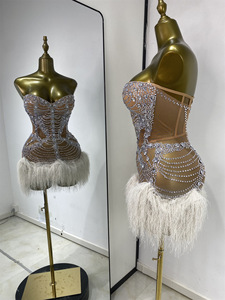 Abito da sera sexy <span class=keywords><strong>senza</strong></span> <span class=keywords><strong>spalline</strong></span> con paillettes e transparenze, modello A-line, per feste, performance sul palco, discoteche, bar, gonna corta con nappe interamente ricoperta di paillettes - Product Image 4