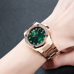 OBLVLO Luxury Fashion Mens Rose Gold Round Diamonds Bezel Quartz 40mm Green Dial Date Display Bracelet <strong>Retro</strong> <strong>Clock</strong> AW - Product Image 4