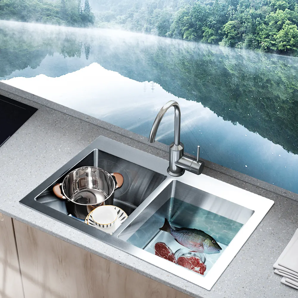 Farmhouse Sink Kitchen Handmade Topmounted Double Bowl Stainless Steel Kitchen Sink