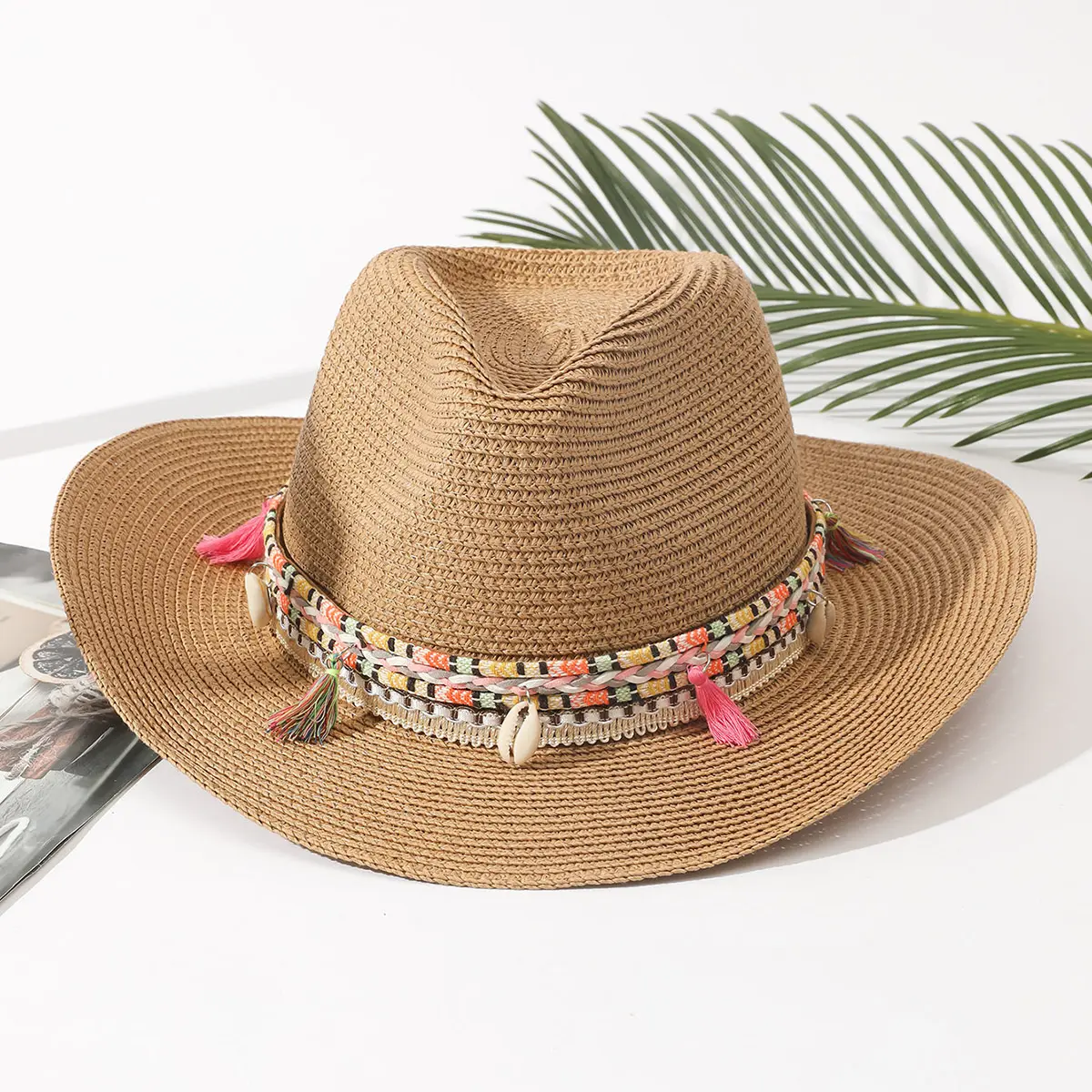 Individueller bohème rosa Rüschen Cowboy Strandhut für Damen Sommer Outdoor Reisen faltbare Panama Fedora Hüte