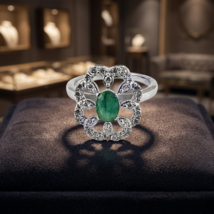 Elegant Luxurious Vintage Flower Cocktail <b>Ring</b> Emerald Cut Green Stone Pave Setting Rhodium Plated 925 Silver Women's Fine - Product Image 1