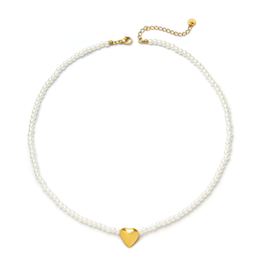 Collier rond en fausses perles blanches avec pendentif cœur doré en acier inoxydable 316L plaqué or PVD, bijoux durables et résistants pour femmes - Product Image 2
