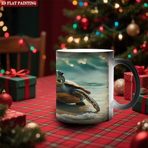 Mug en céramique noir givré 11 oz, tasse à sublimation changeant de couleur à la chaleur, motif tortue de mer, peinture 2D plate - Product Image 2