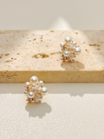 Boucles d'oreilles clous haut de gamme en laiton avec perles et zircons en forme de fleur
