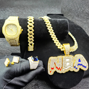 Hip Hop-Uhr+Armband +Halsband+Hangen+Ring+Ohrringe-Set kubanische Kette Quarzuhr Diamant-Armbanduhren Eiswache Mann - Product Image 6