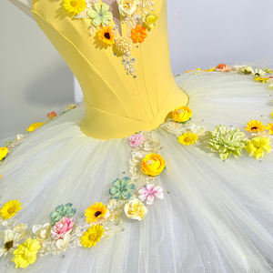 Vestido Tutú de Ballet Profesional para Mujer Sleeping Beauty, Amarillo con Adornos Florales, Spandex/Nylon, Estilo Pancake para Actuaciones Clásicas - Product Image 5