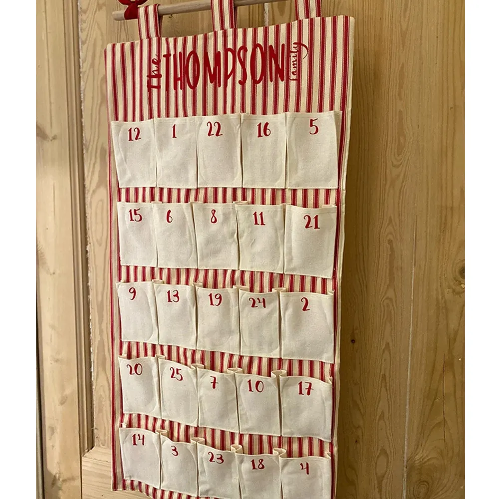 With Stick Canvas Red White Striped Reusable Wall Hanging Advent Christmas Calendar