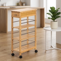 Chariot de service multifonctionnel en bambou sur roulettes avec tiroir et étagères de rangement à 4 niveaux pour cuisine et outils de rangement domestique