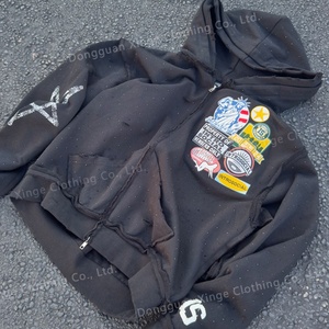 Sudadera con capucha para hombre, personalizada por el fabricante, extragrande, de 500 g/m², de alto gramaje, con efecto desgastado por el sol, con pedrería, bordada, estilo vintage, con cremallera y lavado ácido - Product Image 3