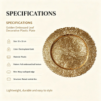 Assiette de présentation en plastique doré électrolytique de luxe, motif feuille en relief, pour mariage, hôtel, banquet, décoration de table