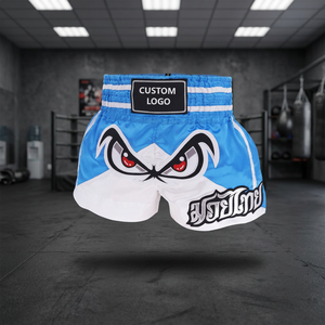 Shorts de Muay Thai pour hommes, bleu et blanc, en satin, mi-élastiques, séchage rapide, écologiques, unisexe, logo personnalisé sur le devant - Product Image 3